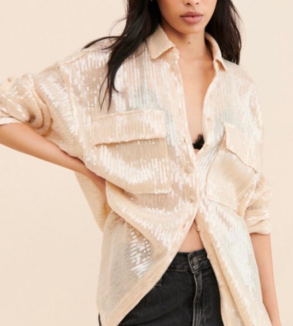 Anthropologie Pilcro Sequin Shine Button Down Shirt in Ivory Oversized Size XS